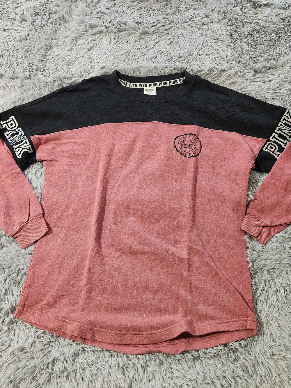 Victoria's Secret PINK Salmon Pink and Charcoal Gray Long Sleeve Crewneck Shirt